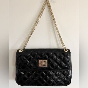 Anne Klein Black Quilted Patent Shoulder Bag with Gold Chain
